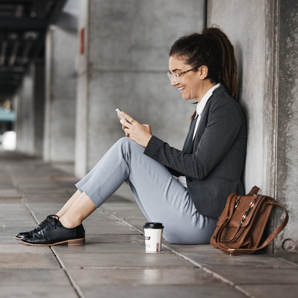 happy woman and reading phone on coffee break in 2023 08 08 23 00 43 utc